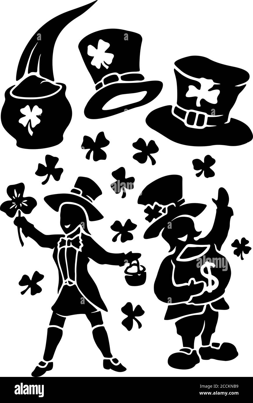Set für St. Patricks Tag mit schwarzen Kobold Silhouetten schön Hüte und Kleeblätter Stock Vektor