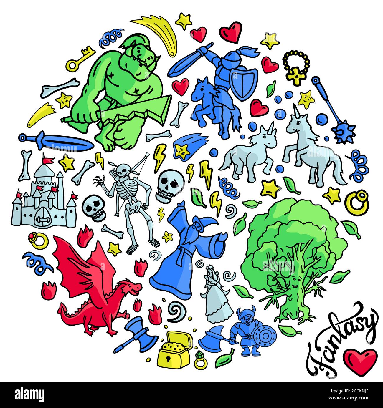 Schöne lustige Sammlung von Fantasy-Cartoon-Kunst mit verschiedenen Charakteren Auf weißem Hintergrund Stock Vektor