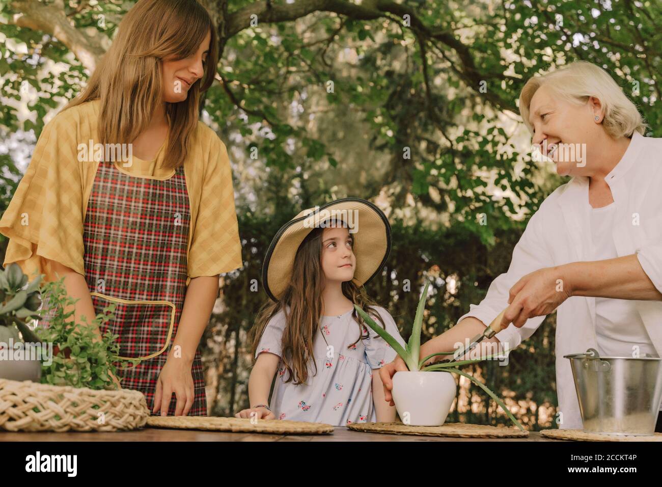 Multi-Generation-Familie Gartenarbeit auf dem Tisch im Hof Stockfoto