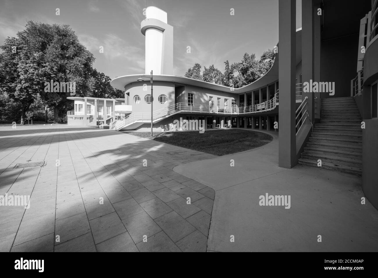Colonia Farinacci, Cremona, Italien, 1936, Carlo Gaudenzi, Italienische modernistische / futuristische Architektur der faschistischen Ära, s&w Architekturfotografie Stockfoto
