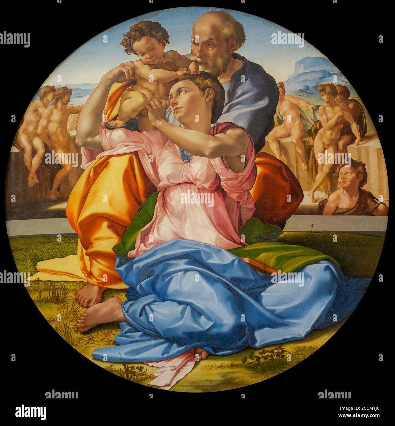 Michelangelo Buonarroti (1475–1564), Doni Tondo (rund), 1507, Tempera und Öl auf Platte. Uffizien Galerien, Florenz, Italien. Stockfoto