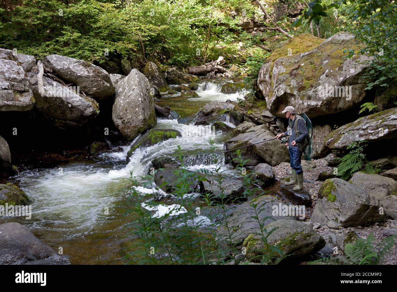 Ein Fischer versucht sein Glück in der Nähe von Watersmeet auf dem östlichen Lyn River in Lynmouth, North Devon Stockfoto