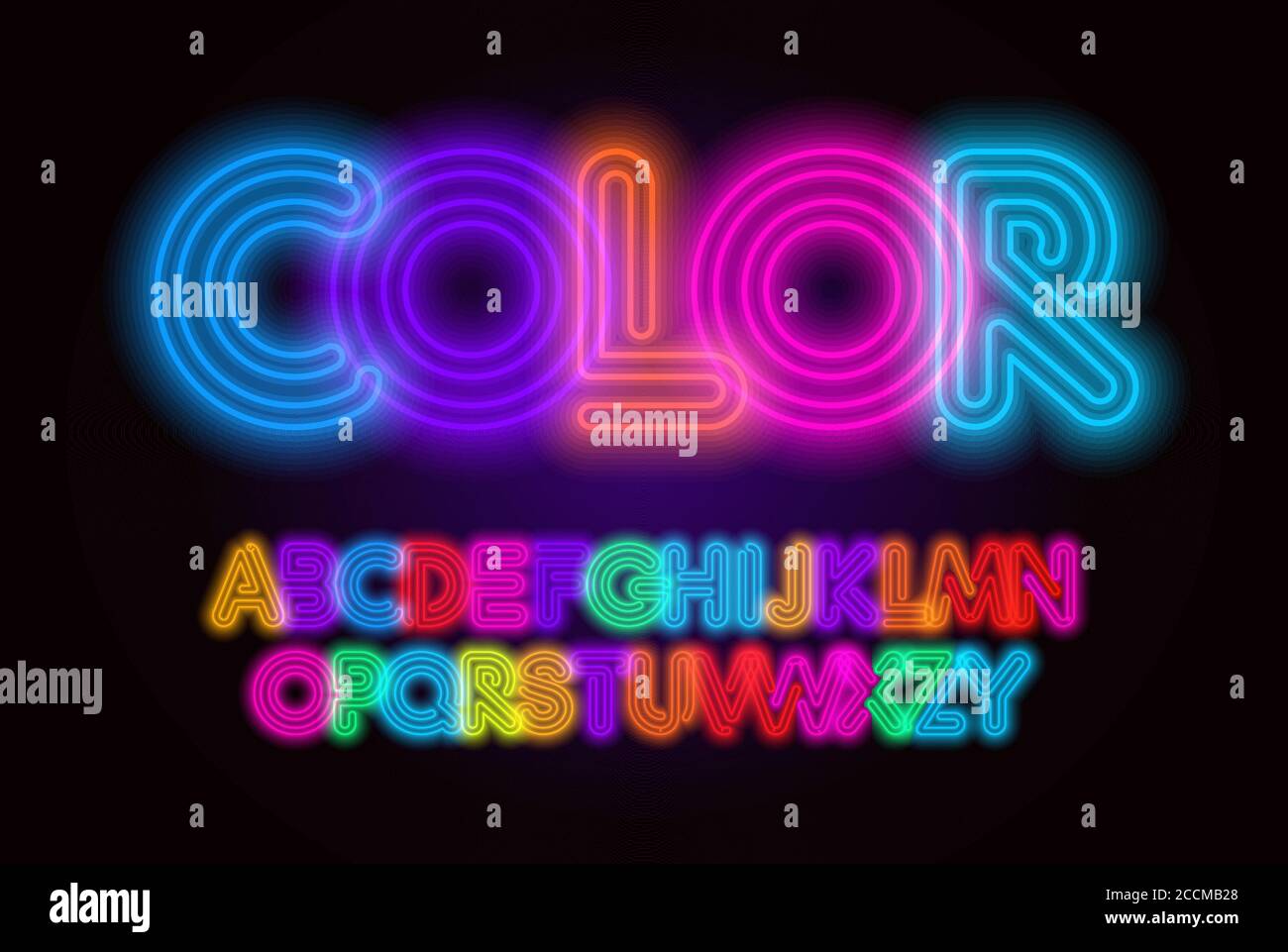 Farbige Neon-Schrift, bunte Umrisse Buchstaben-Set mit neonfarbenen Leuchten auf schwarzem Hintergrund. Fluoreszierende Shine-Typeset für Unterhaltung, Kino, Kinder Stock Vektor