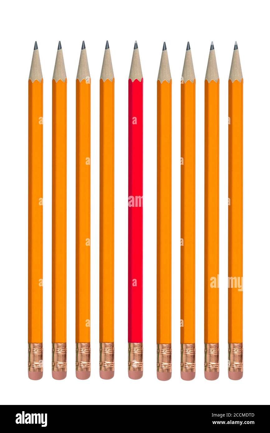 Roter Bleistift zwischen orangen Bleistiften in einer Reihe, Konzept der Individualität oder ungerade eins heraus. Isoliert auf weißem Hintergrund. Stockfoto