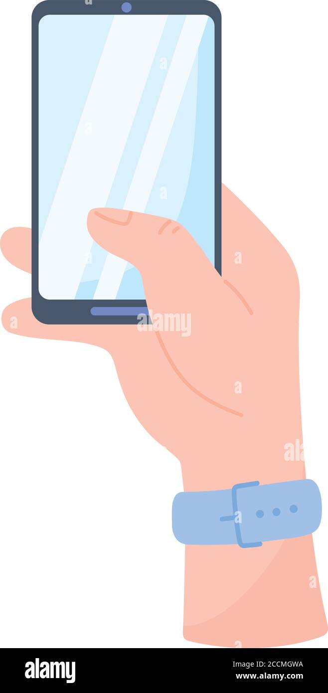 Männliche Hand mit Smartphone isoliert auf weißem Hintergrund Vektor-Illustration Stock Vektor