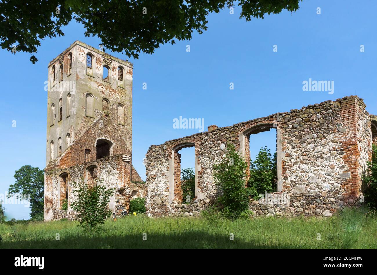 Steinkirche in Joneykischken, Ruinen der Preußischen Kirche, Russland, Kaliningrad, Slavski Bezirk, Dorf Timirjasewo, 12. Juni 2020 Stockfoto
