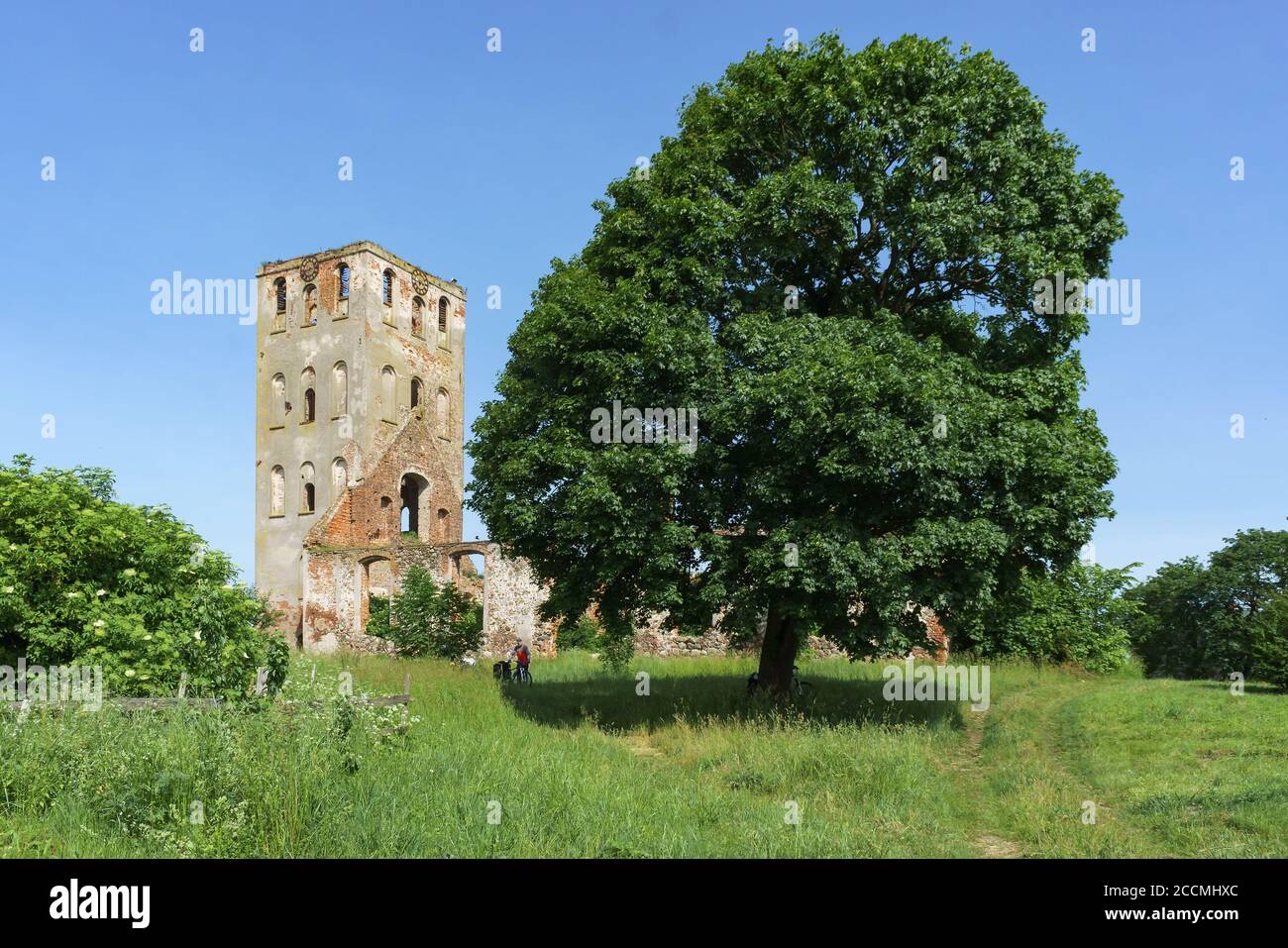 Ruinen der preußischen Kirche, Steinkirche in Joneykischken, Russland, Kaliningrad, Slavsky Bezirk, Dorf Timirjasewo, 12. Juni 2020 Stockfoto