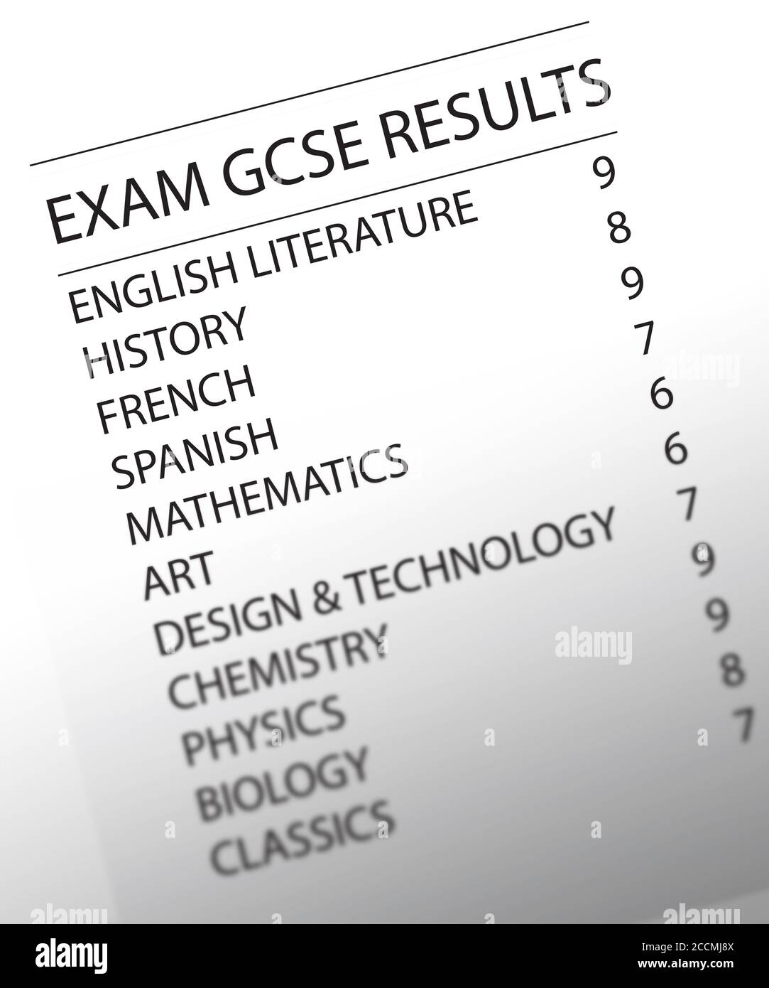 Typische GCSE-Ergebnisse für einen Schüler mit hoher Leistung, eine Reihe großartiger Ergebnisse Stockfoto