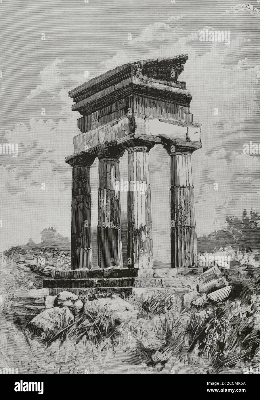 Italien, Sizilien, Agrigento. Tal der Tempel. Tempel von Castor und Pollux (Dioscuri). Von Bernardo Rico y Ortega (1825-1894). La Ilustracion Española y Americana, 1881. Stockfoto