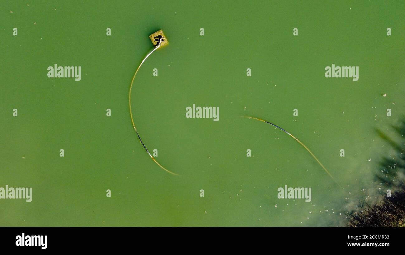 zenith Luftaufnahme eines schlangenartigen Rohres in einem kleinen Bergsee Stockfoto