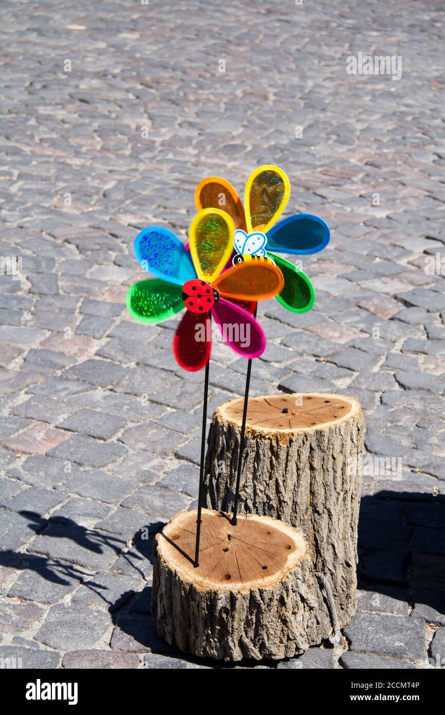 Dekorative und bunte Windrad Spinner Windmühlen zusammen in Holzsockel. Vertikal auf dem Boden platziert. Stockfoto