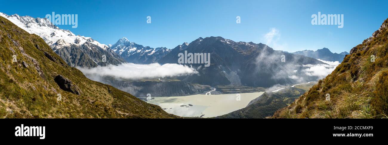 Panorama des Mt. Cook National Park von der Mueller Hut Route, Blick auf Mount Aoraki/Cook, Südinsel/Neuseeland Stockfoto