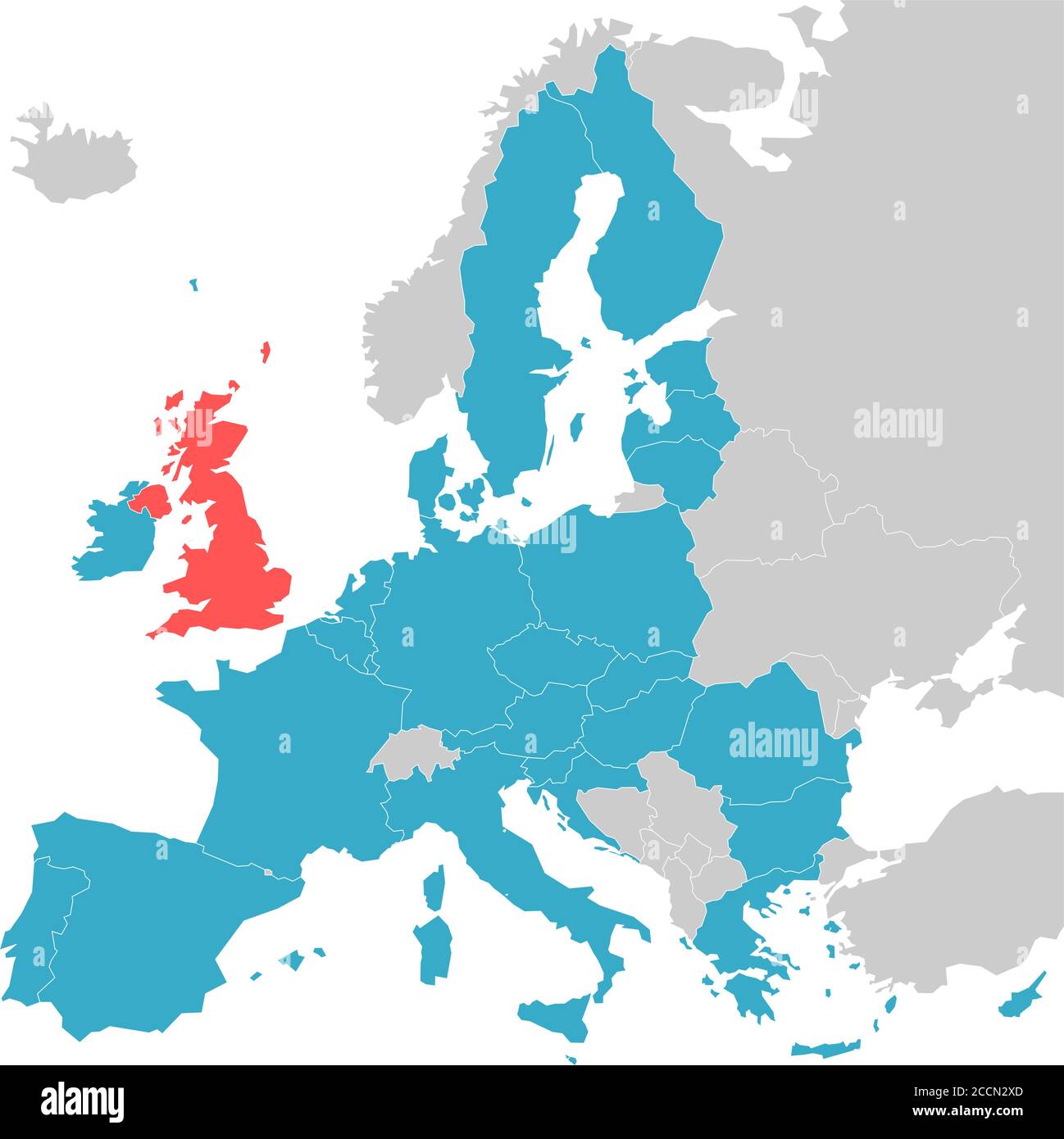 Brexit-Themenkarte - Europakarte mit hervorgehobenen EU-Mitgliedsstaaten und Großbritannien in verschiedenen Farben. Vektorgrafik. Vereinfachte Karte der Europäischen Union. Stock Vektor