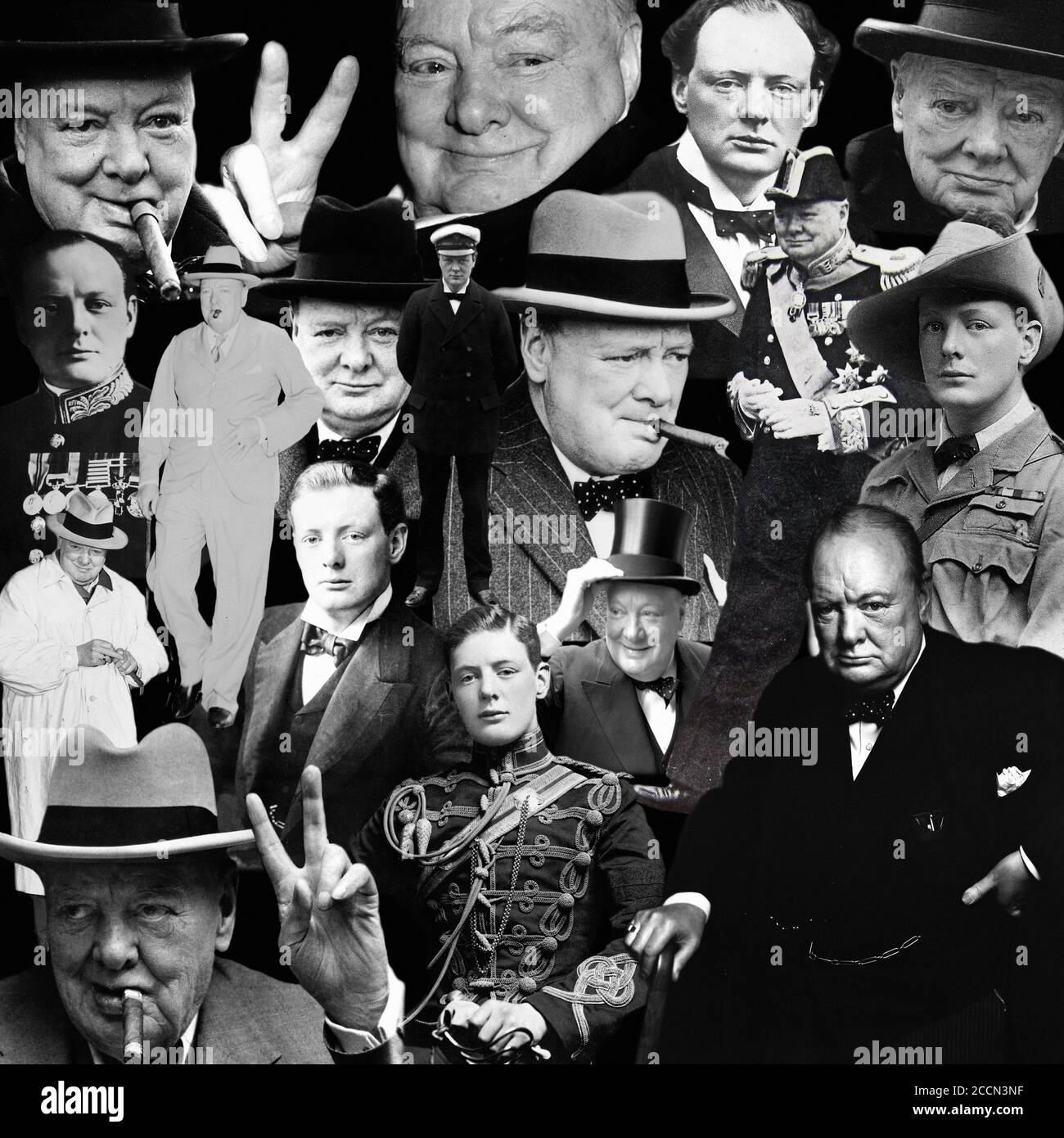 Montage von Vintage-Bildern, die Winston Churchill im Laufe der Jahre darstellen. Stockfoto