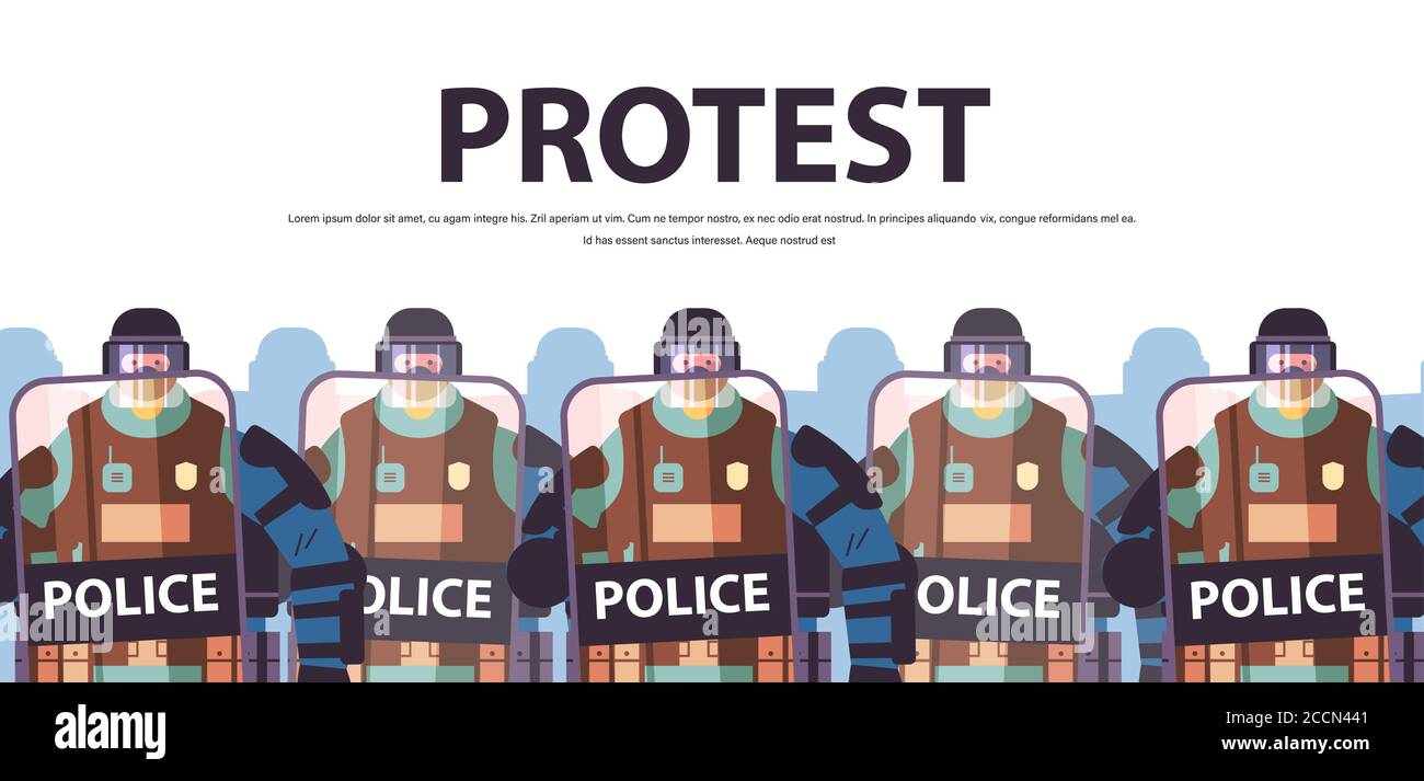 Polizisten mit Schilden und Schlagstöcken schlagen zusammen stehende Polizeibeamte auf Demonstranten Demonstrationen Kontrolle Konzept Porträt horizontal kopieren Raum Vektor Illustration Stock Vektor