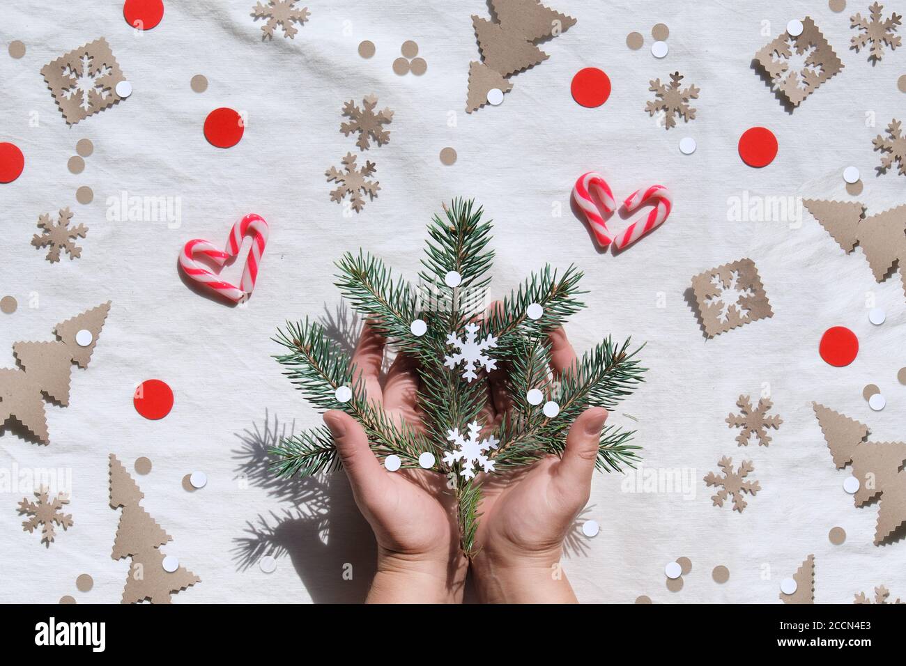 Weihnachten flach lag mit weiblichen Händen halten verzierten Tannenzweigen. Zero Waste umweltfreundliche Einrichtung - Recycling-Papier Konfetti, Zuckerrohr Herzen, Weihnachten tre Stockfoto