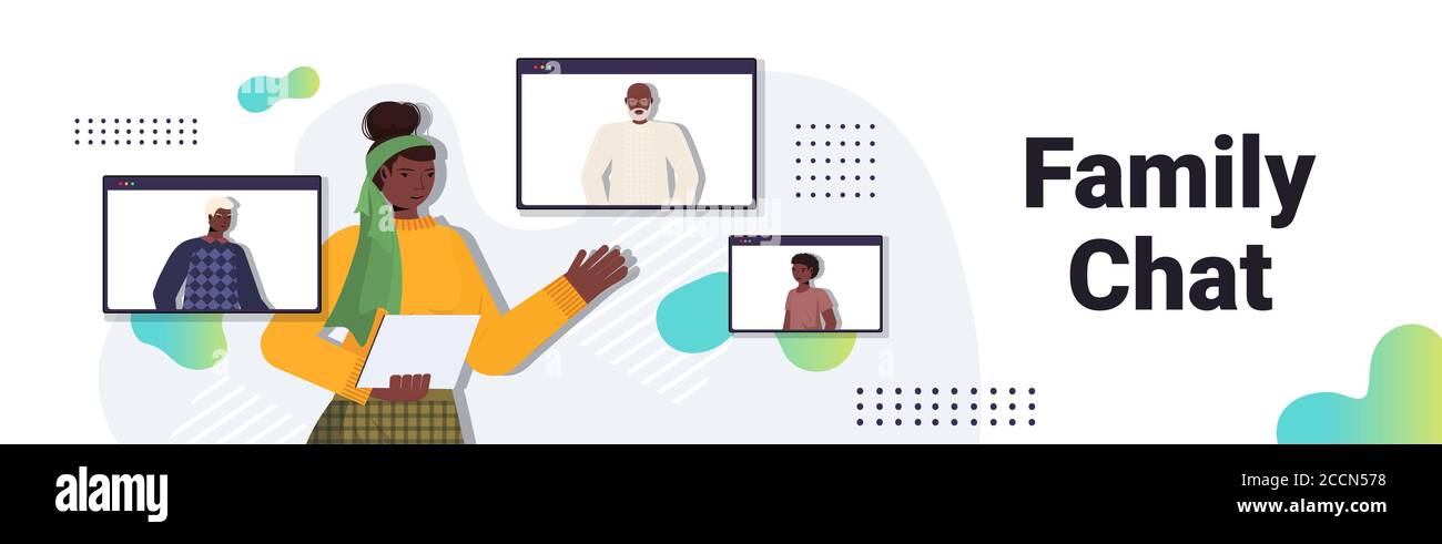 afroamerikanische Frau mit virtuellen Treffen mit Familienmitgliedern in Web-Browser Fenster Video Anruf Online-Kommunikation Konzept horizontal Hochformat vektorgrafik Stock Vektor