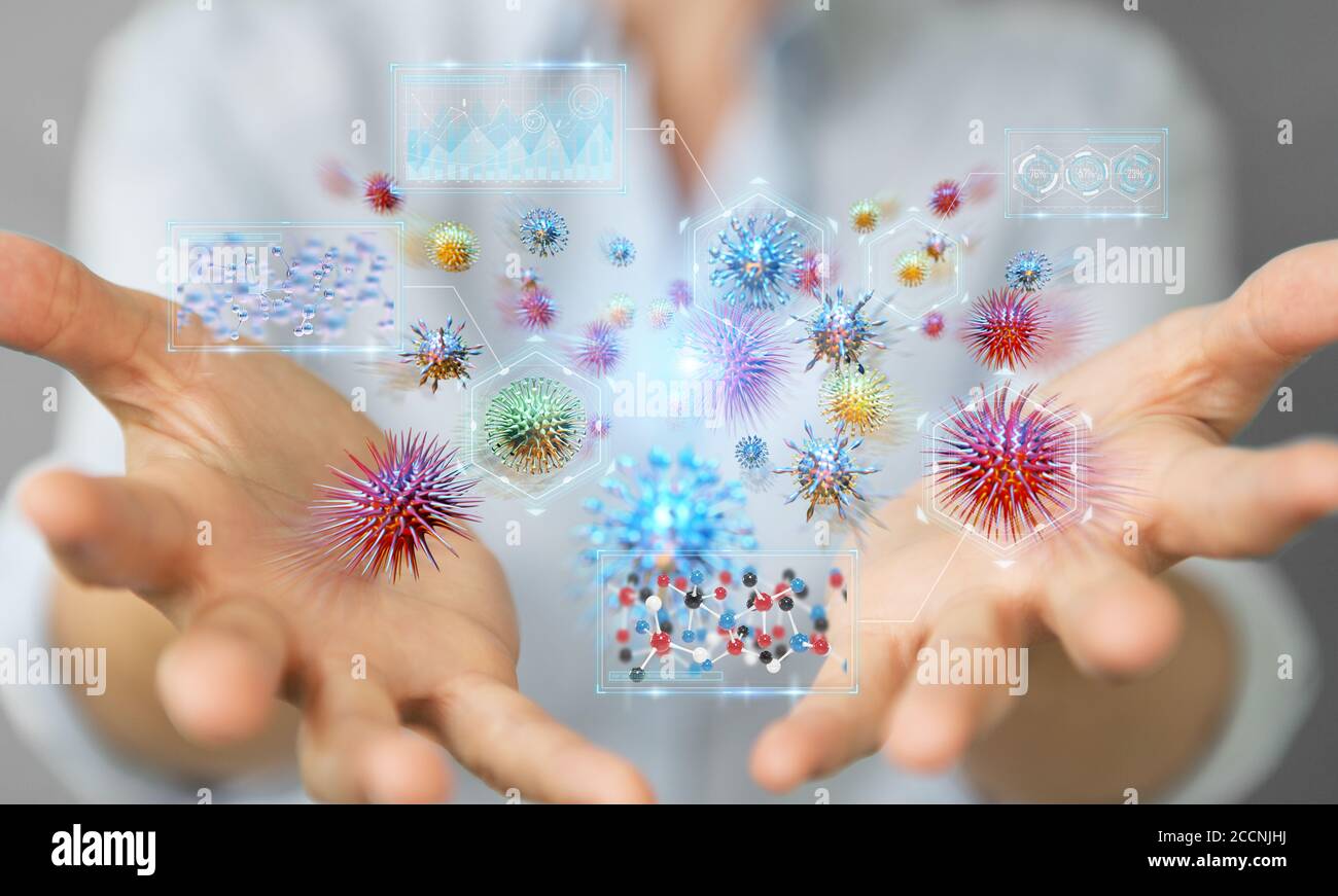 Geschäftsfrau auf verschwommenem Hintergrund Analyse Bakterien mikroskopische Nahaufnahme 3D-Rendering Stockfoto