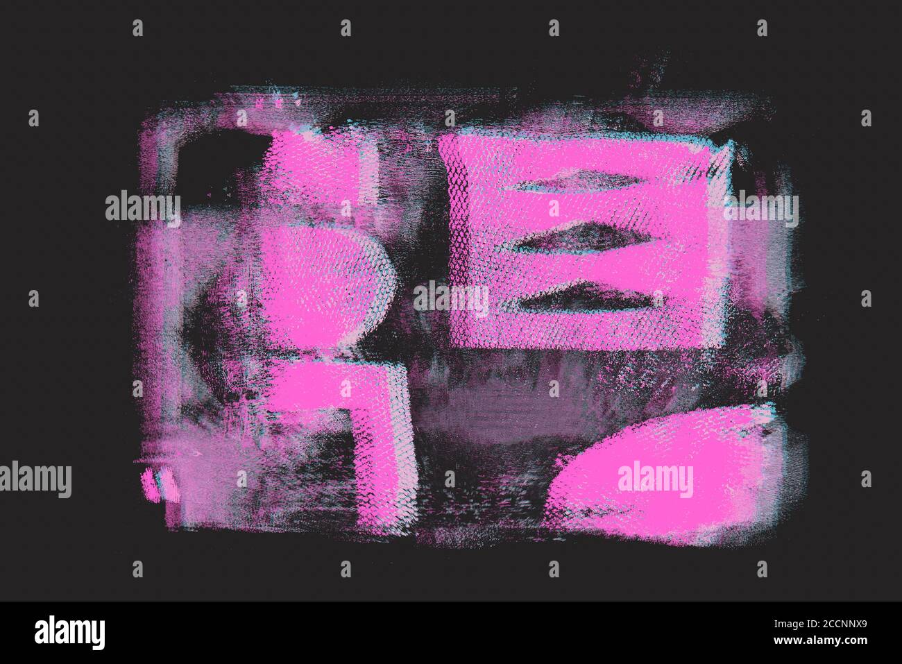 Handgemachte kreative abstrakte Stempel isoliert auf dunklem Hintergrund in magenta-cyan Töne Stockfoto