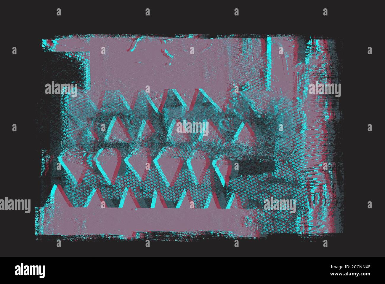 Handgemachte kreative abstrakte Stempel isoliert auf dunklem Hintergrund in magenta-cyan Töne Stockfoto