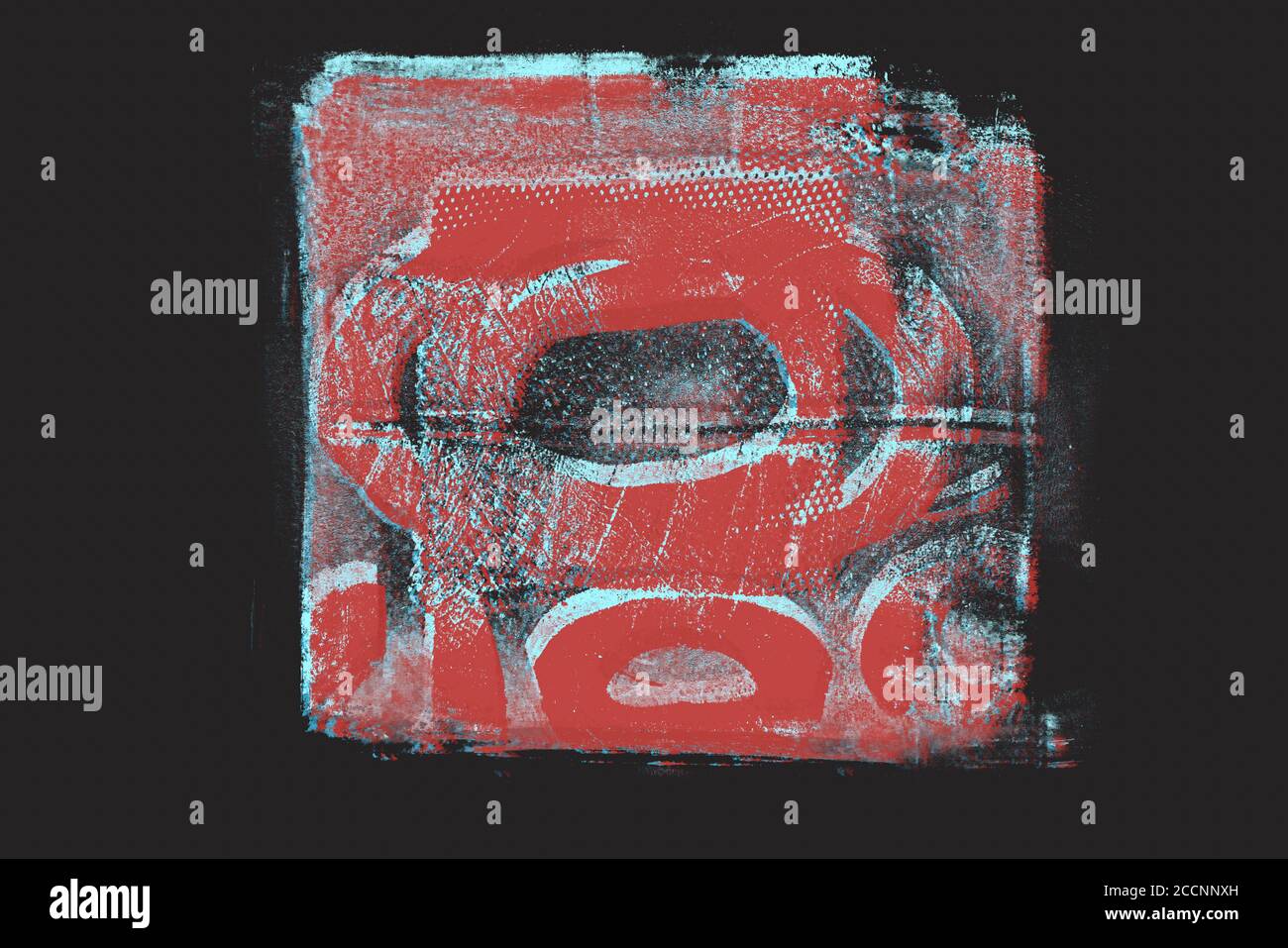 Handgemachte kreative abstrakte Stempel isoliert auf dunklem Hintergrund in rot-cyan Töne Stockfoto