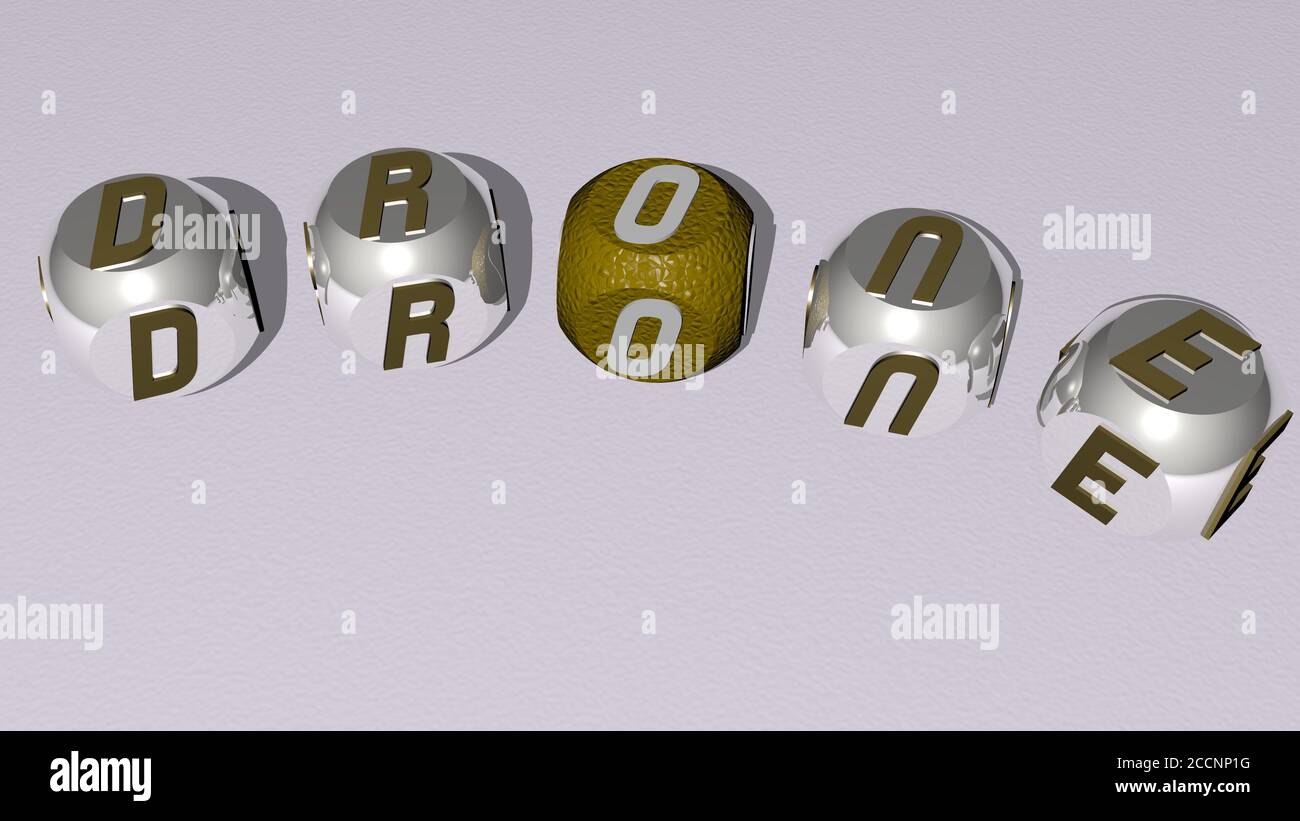 DROHNE gekrümmter Text von Würfelbuchstaben, 3D-Illustration Stockfoto