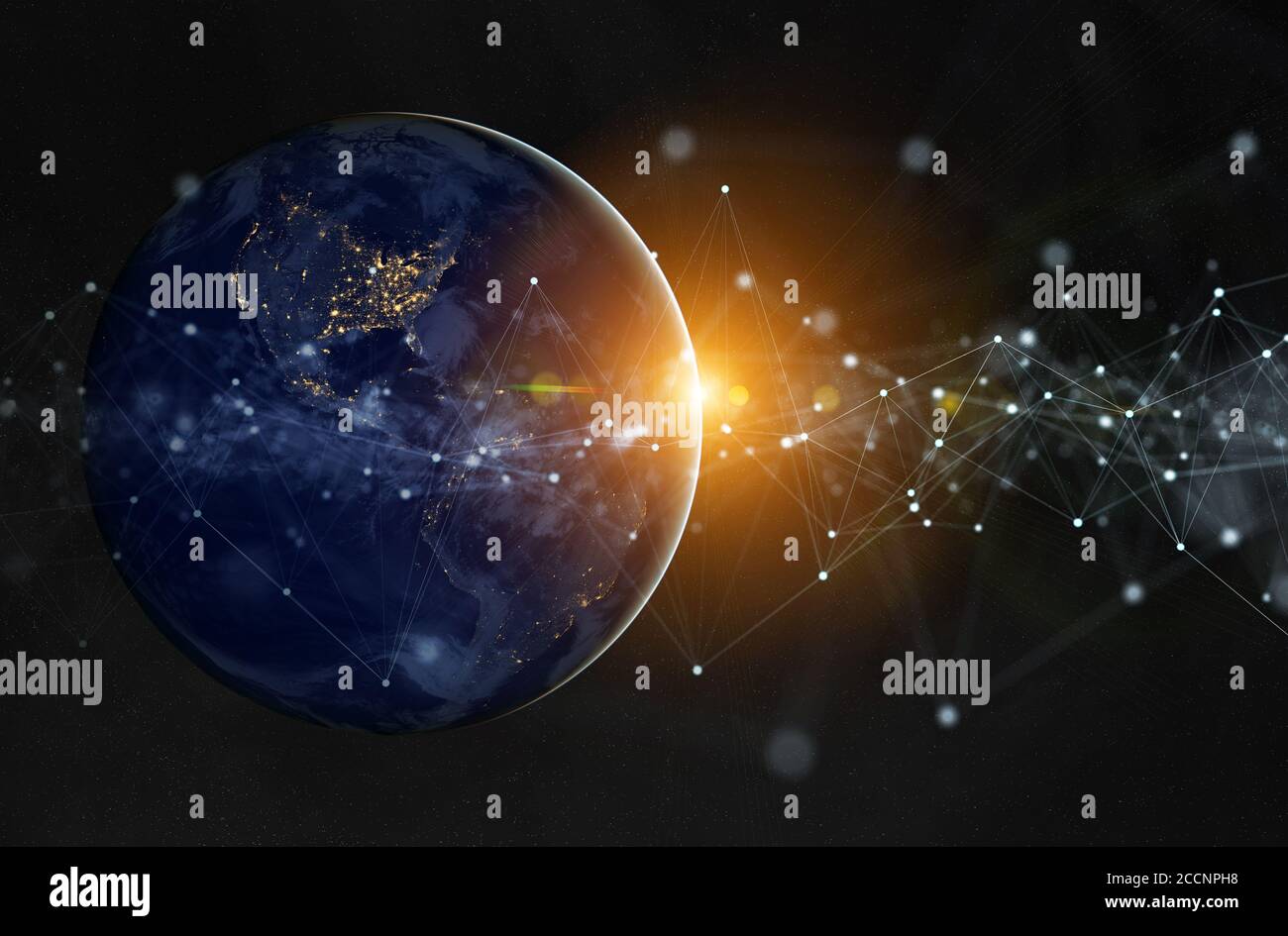 Globaler Datenaustausch und futuristisches Verbindungssystem auf der ganzen Welt 3D-Rendering-Elemente dieses Bildes von der NASA Stockfoto