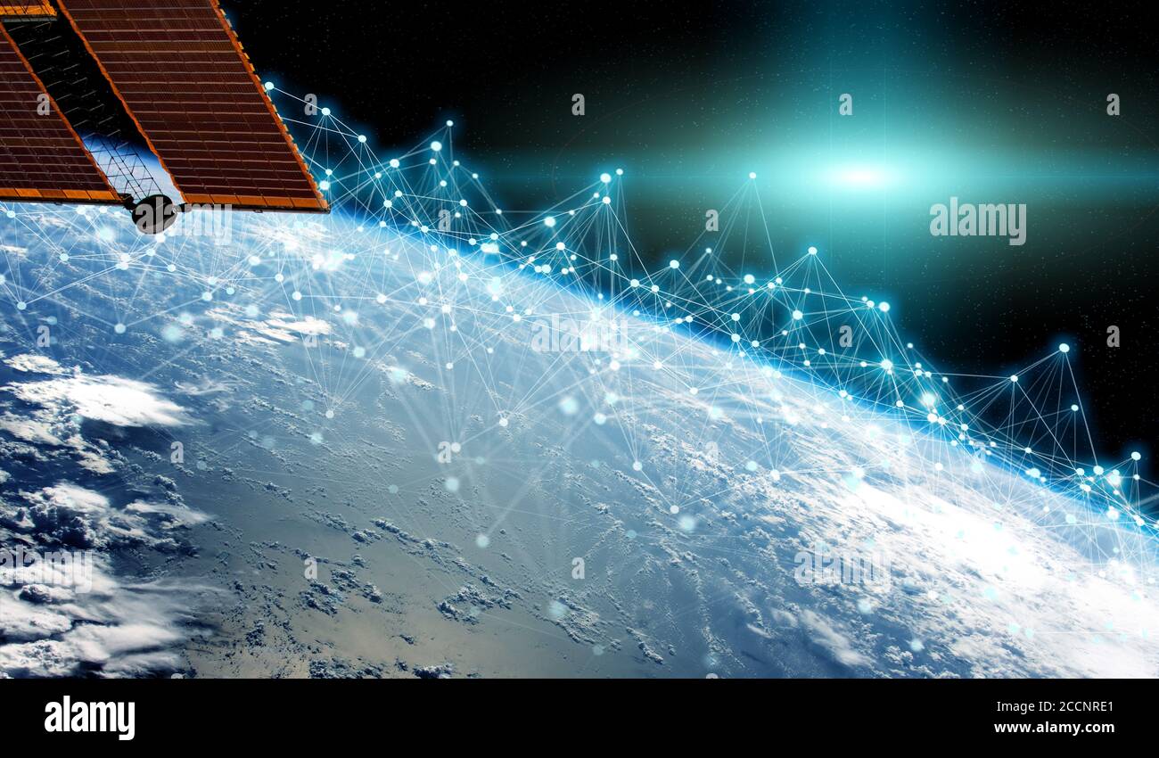 Satelliten senden Daten Austausch und futuristische Verbindungen System über die Globe 3D-Rendering-Elemente dieses Bildes von der NASA Stockfoto