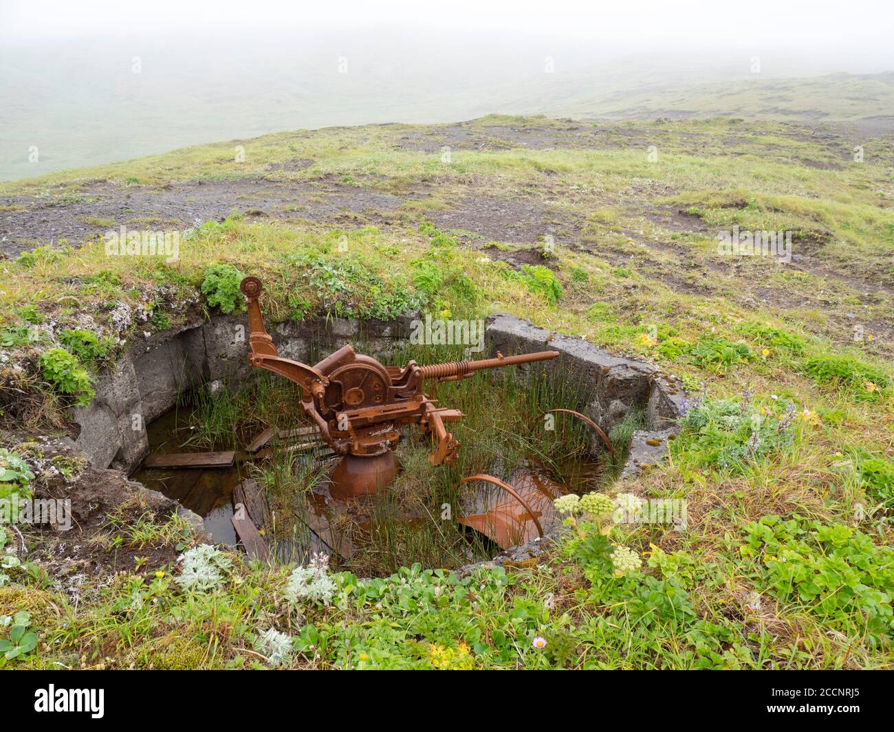 Überreste der Flak-Waffeneinbringung des Zweiten Weltkriegs auf Kiska Island, Aleutians, Alaska. Stockfoto