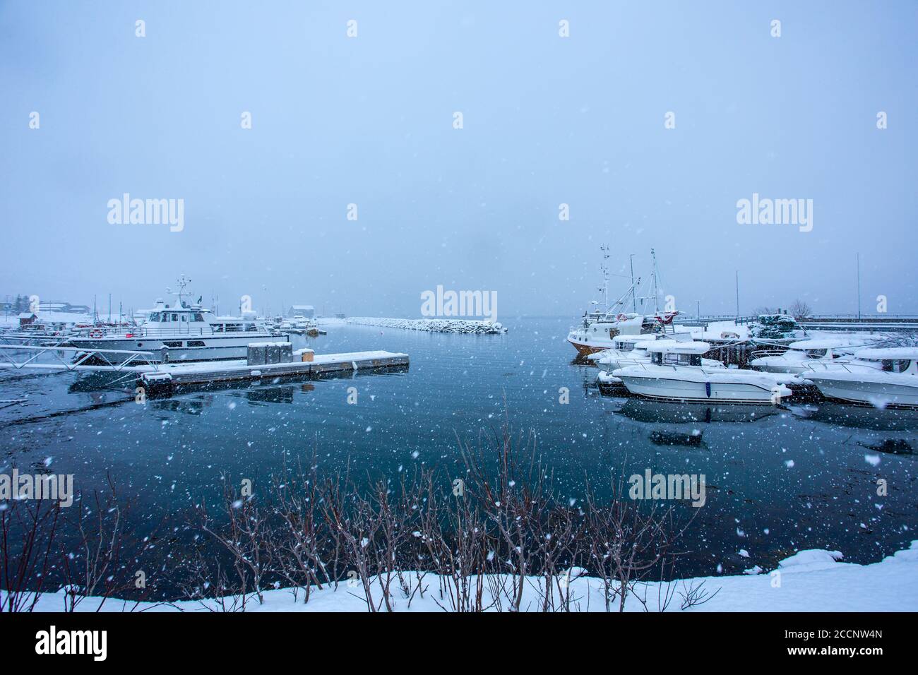 Schnee Fällt Am Hansnes Pier Stockfoto