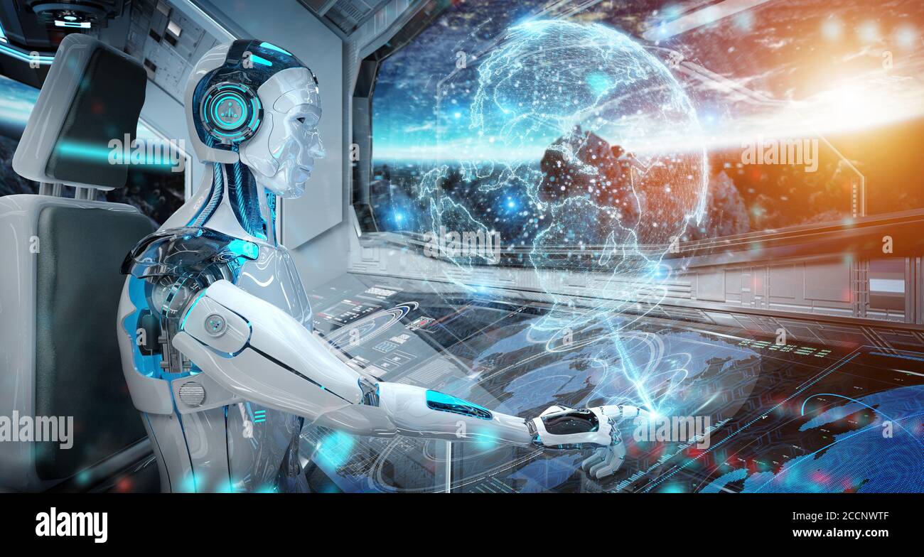 Roboter Cyborg in einem Kontrollraum fliegen eine weiße Moderne Raumschiff mit Fensteransicht auf den Weltraum und digitalem Erde-Hologramm 3D-Rendering Stockfoto