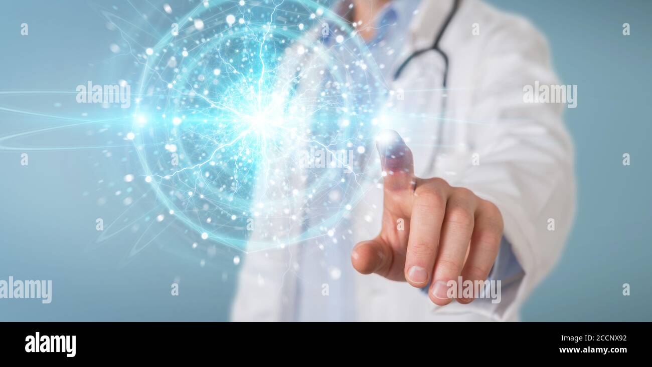 Wissenschaftler auf verschwommenem Hintergrund Schaffung erneuerbarer und nachhaltiger Ökoenergie Mit 3D-Rendering der elektrischen Kugel Stockfoto
