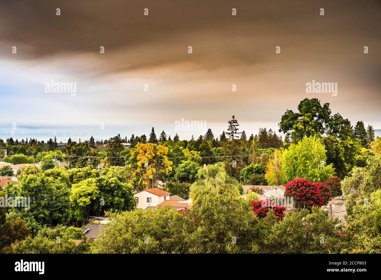 Rauchwolke, die durch die LNU, CZU und SCU Blitzkomplex Waldbrände decken den Himmel der South San Francisco Bay Area und verursacht schlechte Luftqualität acro erstellt Stockfoto