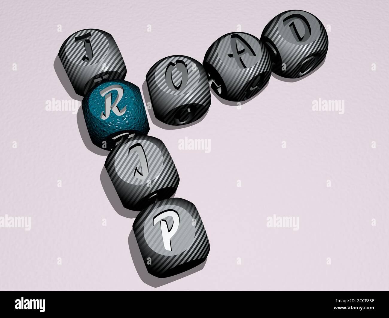 ROAD TRIP Kreuzworträtsel der Würfel Buchstaben in Farbe, 3D-Illustration Stockfoto