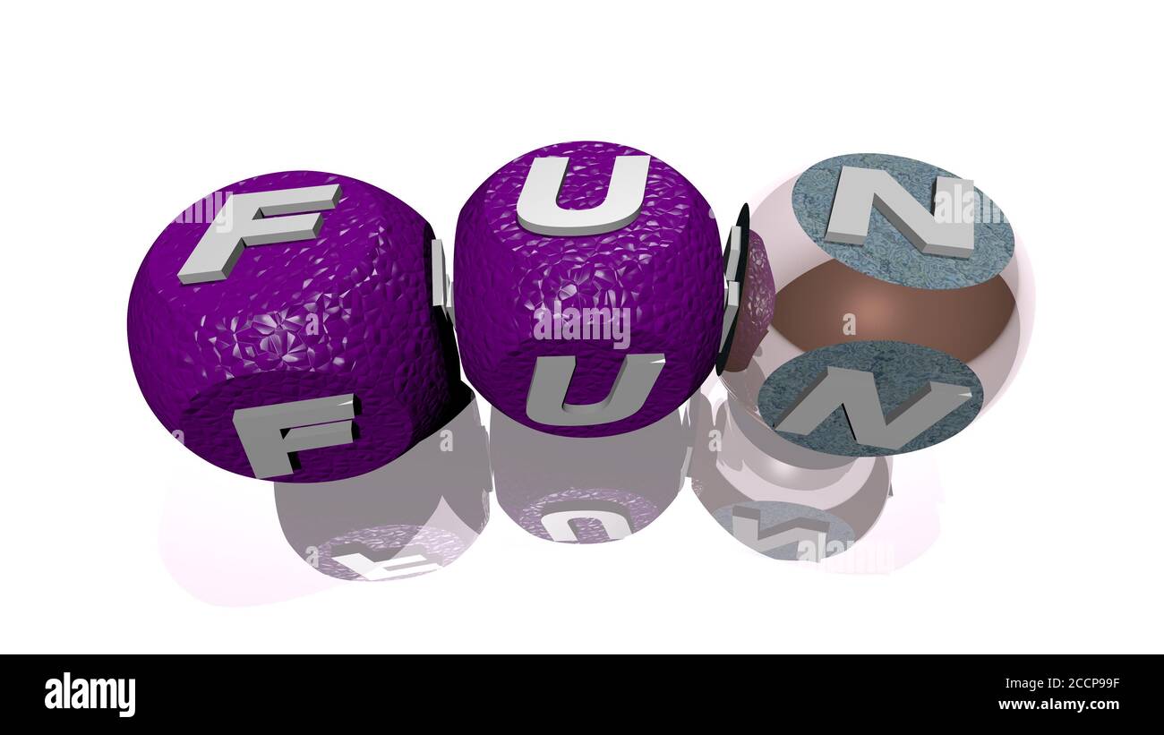 Kreuzworträtsel des SPASSES angeordnet durch kubische Buchstaben auf einem Spiegelboden, Konzept Bedeutung und Präsentation, 3D-Illustration Stockfoto