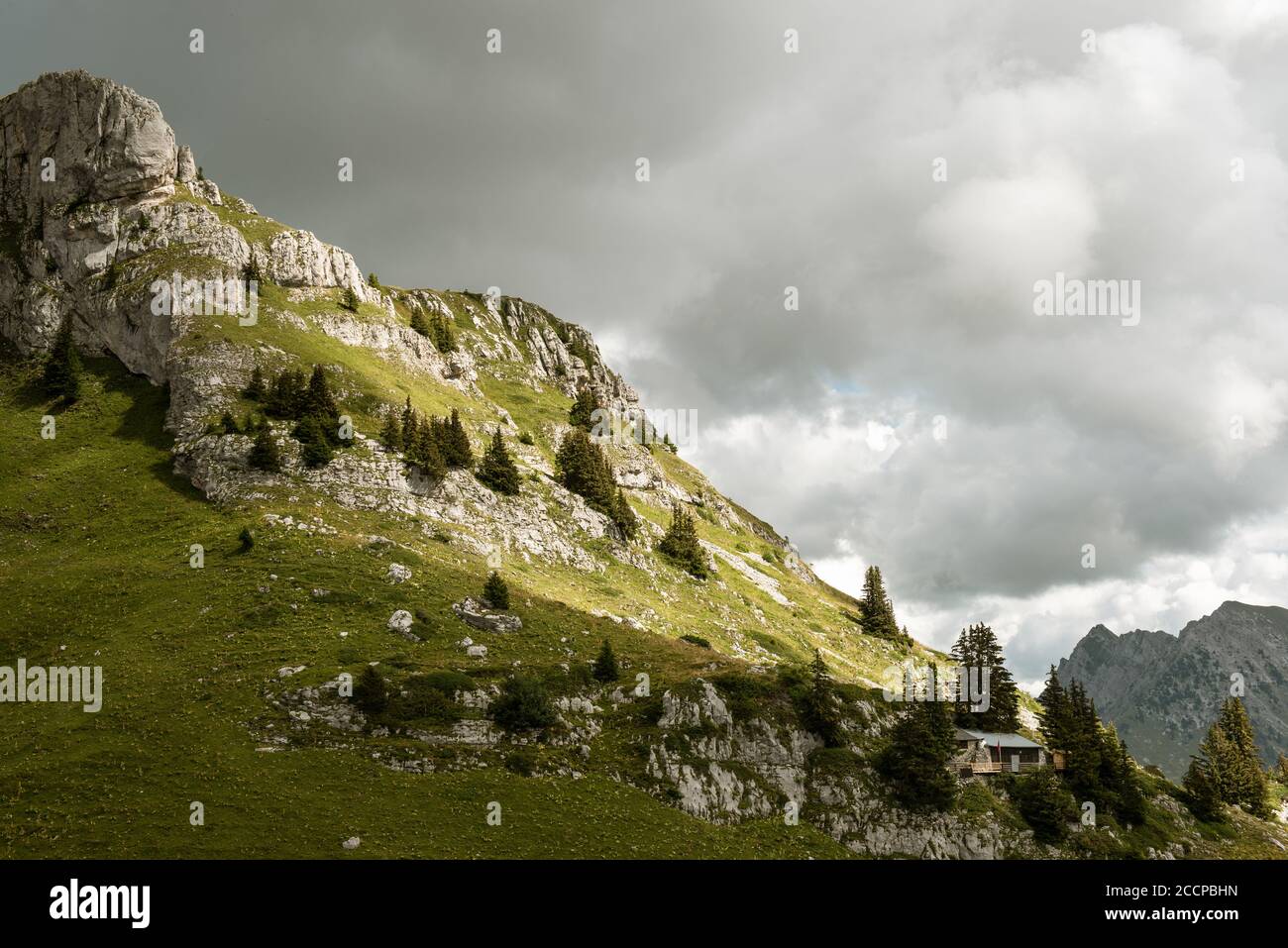 Landschaft des Regionalparks Gruyère Pays-d'Enhaut, Schweiz Stockfoto