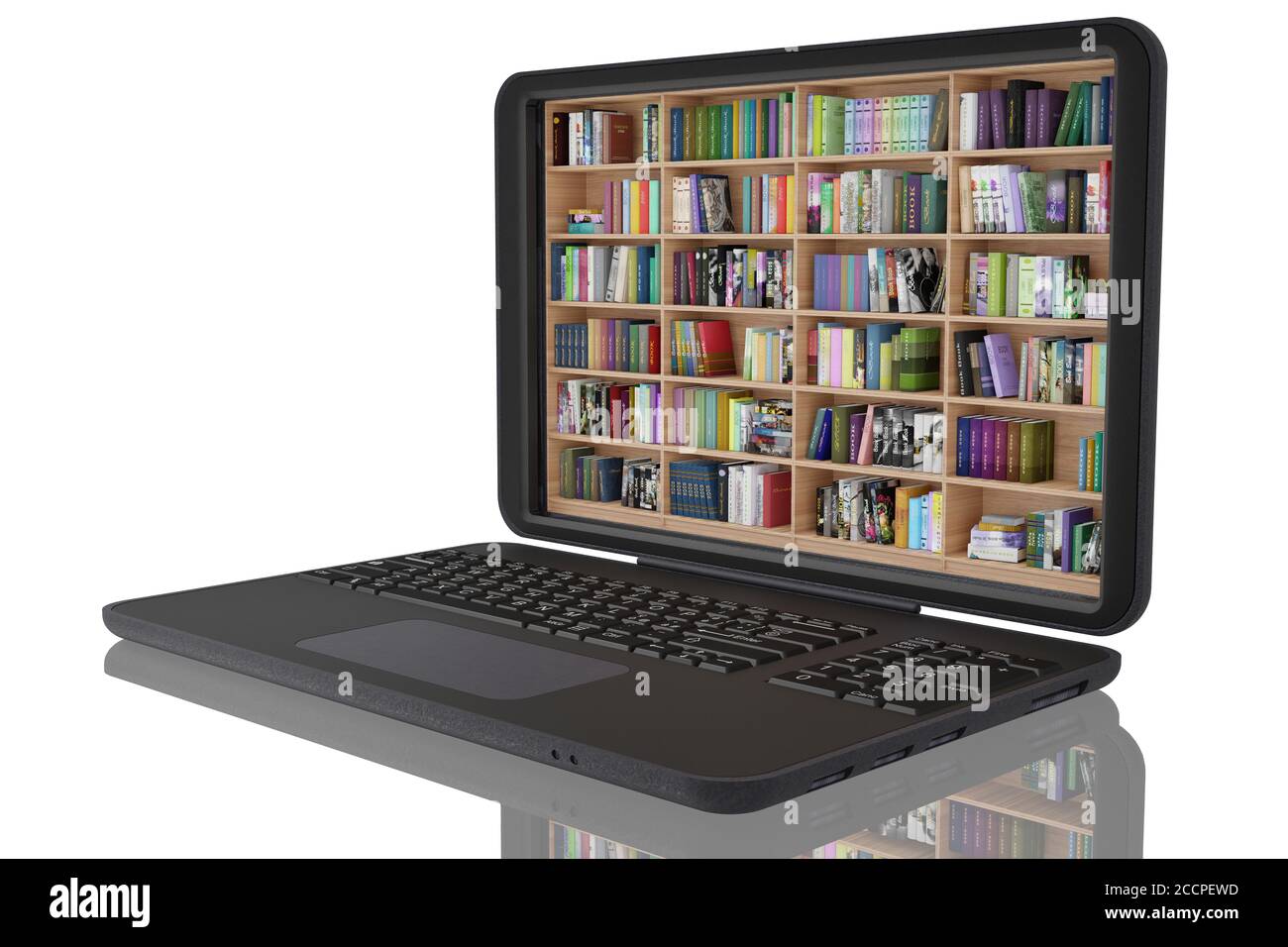 3D-Illustration. Bibliothek, mit vielen Büchern, in einem Laptop. E-Books, elektronische Bücher, zum Download auf einem tragbaren Computer verfügbar. Stockfoto