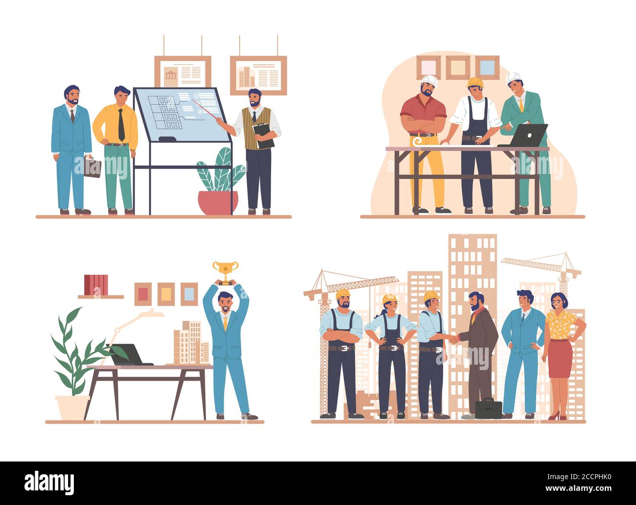 Bauingenieure, Architekten, Bauarbeiter, flache Vektor-Illustration-Set Stock Vektor