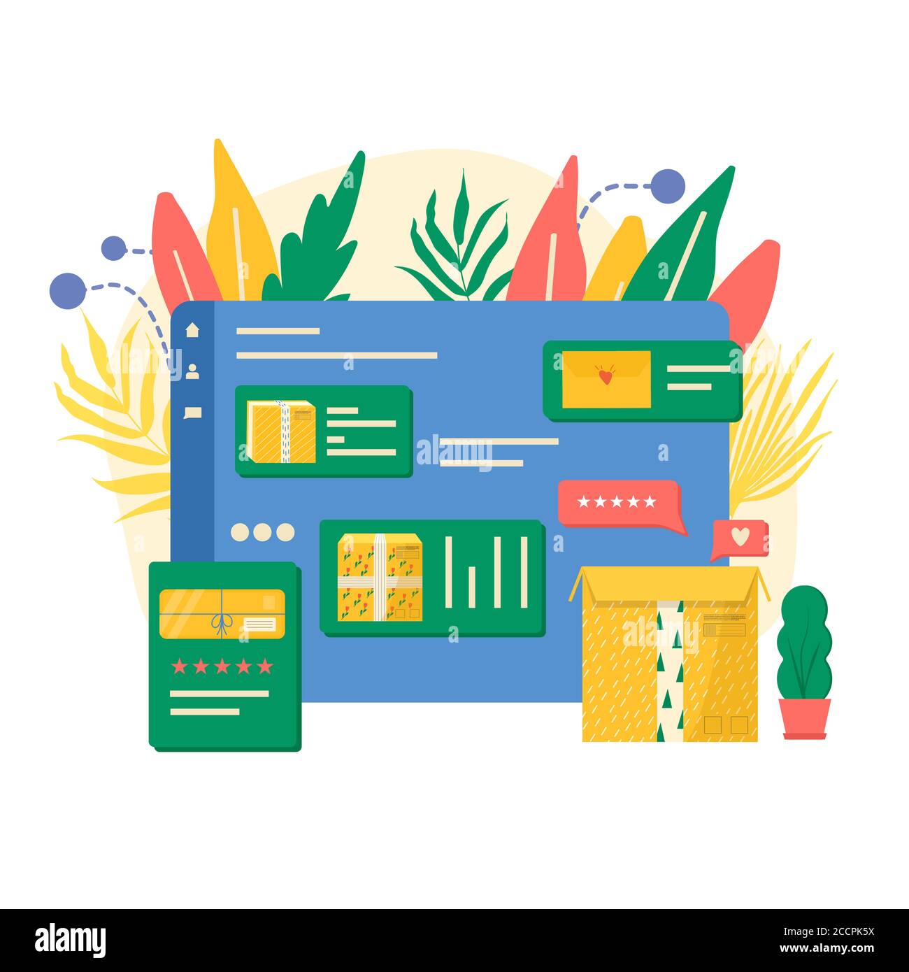 Vorlage für Online-Lieferdienstkonzept mit Kartonverpackungen und Liefersymbolen. Webseite mit Postpaketen, Packungen, Schachteln, Briefen, Umschlägen. Stock Vektor