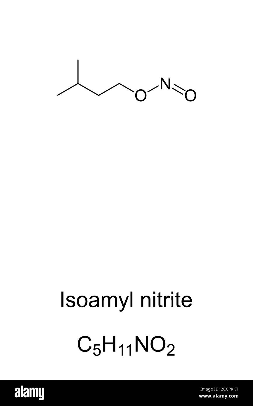 Isoamylnitrit, Amylnitrit, bekannt als Poppers, chemische Struktur. Als Inhalationsmittel ist es ein Freizeitdroge mit psychoaktiven Wirkungen. Vasodilatator. Stockfoto