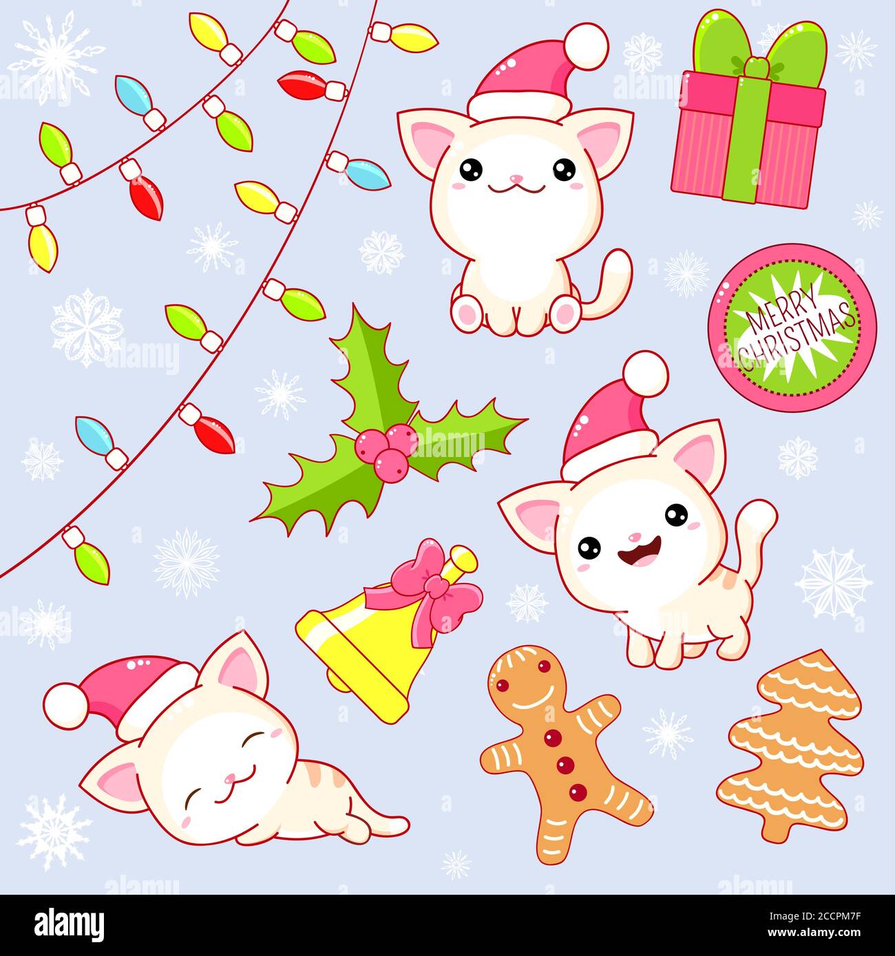 Weihnachtskollektion. Set von Kawaii kleinen Katzen in verschiedenen Posen.  Niedliche Kitty in Santa Hut. Aufkleber mit Geschenk, Weihnachtsgirlande,  Lebkuchen, Glocke, Stechpalme Stock-Vektorgrafik - Alamy
