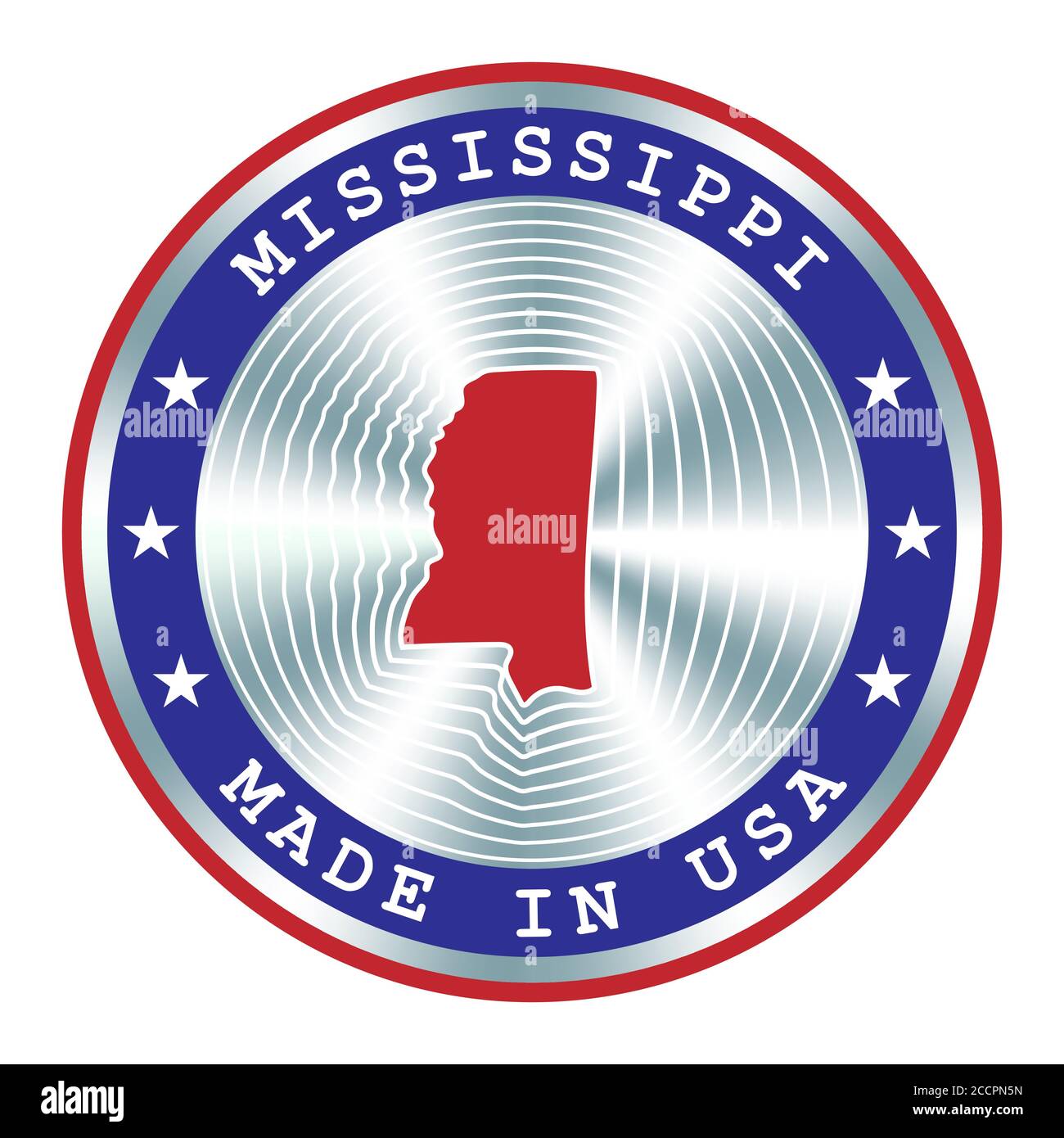 Hergestellt in Mississippi lokale Produktion Schild, Aufkleber, Siegel, Stempel. Rundes Hologramm-Schild für Etikettendesign und nationale Vermarktung Stock Vektor