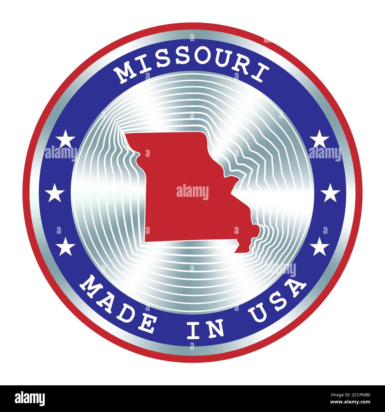 Hergestellt in Missouri lokale Produktion Schild, Aufkleber, Siegel, Stempel. Rundes Hologramm-Schild für Etikettendesign und nationale Vermarktung Stock Vektor