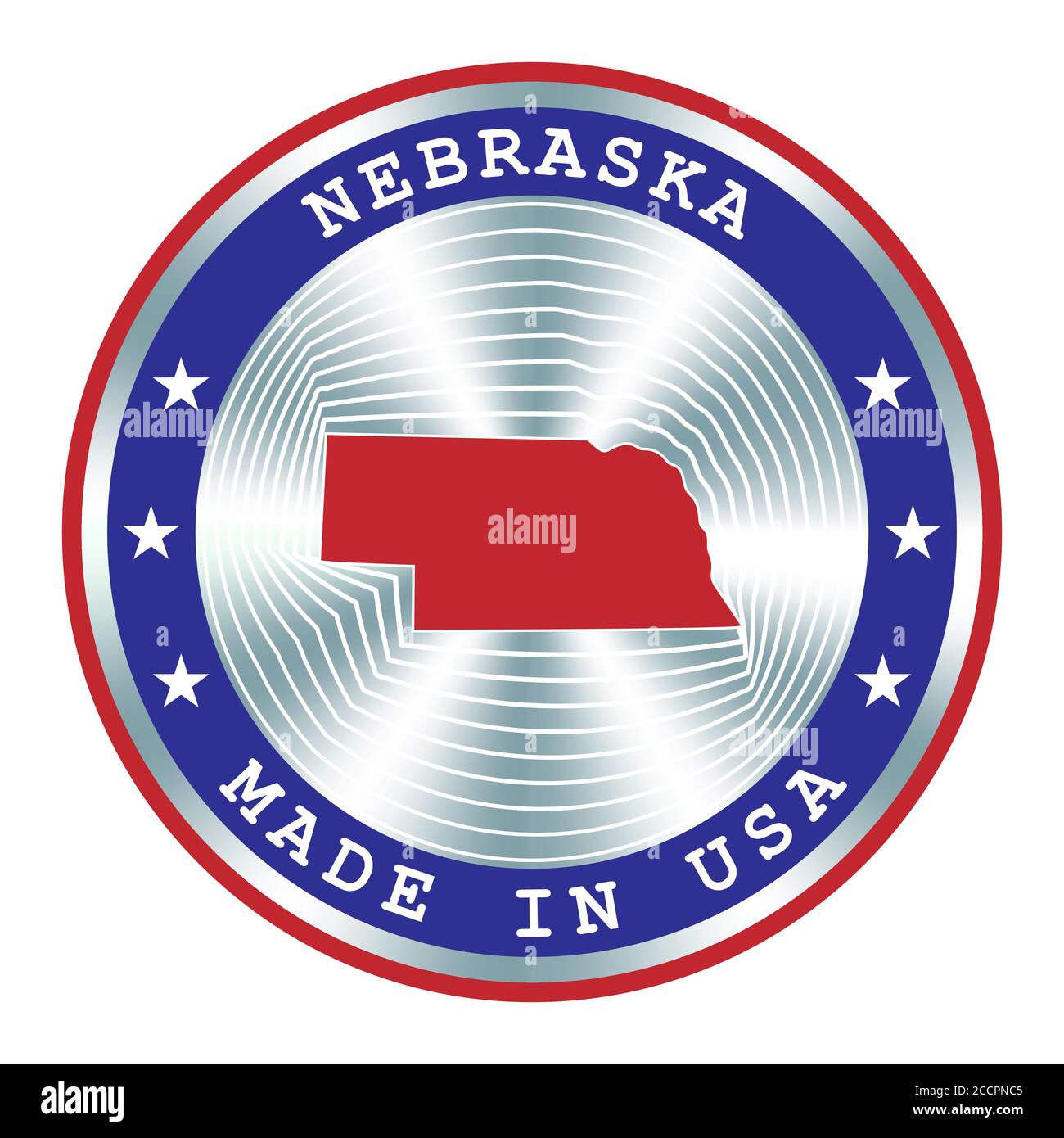 Hergestellt in Nebraska lokale Produktion Schild, Aufkleber, Siegel, Stempel. Rundes Hologramm-Schild für Etikettendesign und nationale Vermarktung Stock Vektor