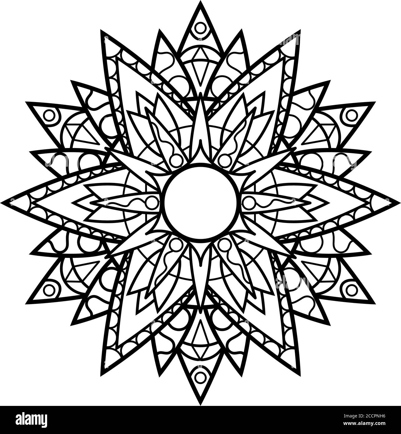Schwarz-Weiß-Vektor-Mandala auf weißem Hintergrund. Entspannende Erwachsene Färbung Seite. Orientalisches Mandala Ornament isoliert. Deckelspitze rund Stempel. Meditati Stock Vektor