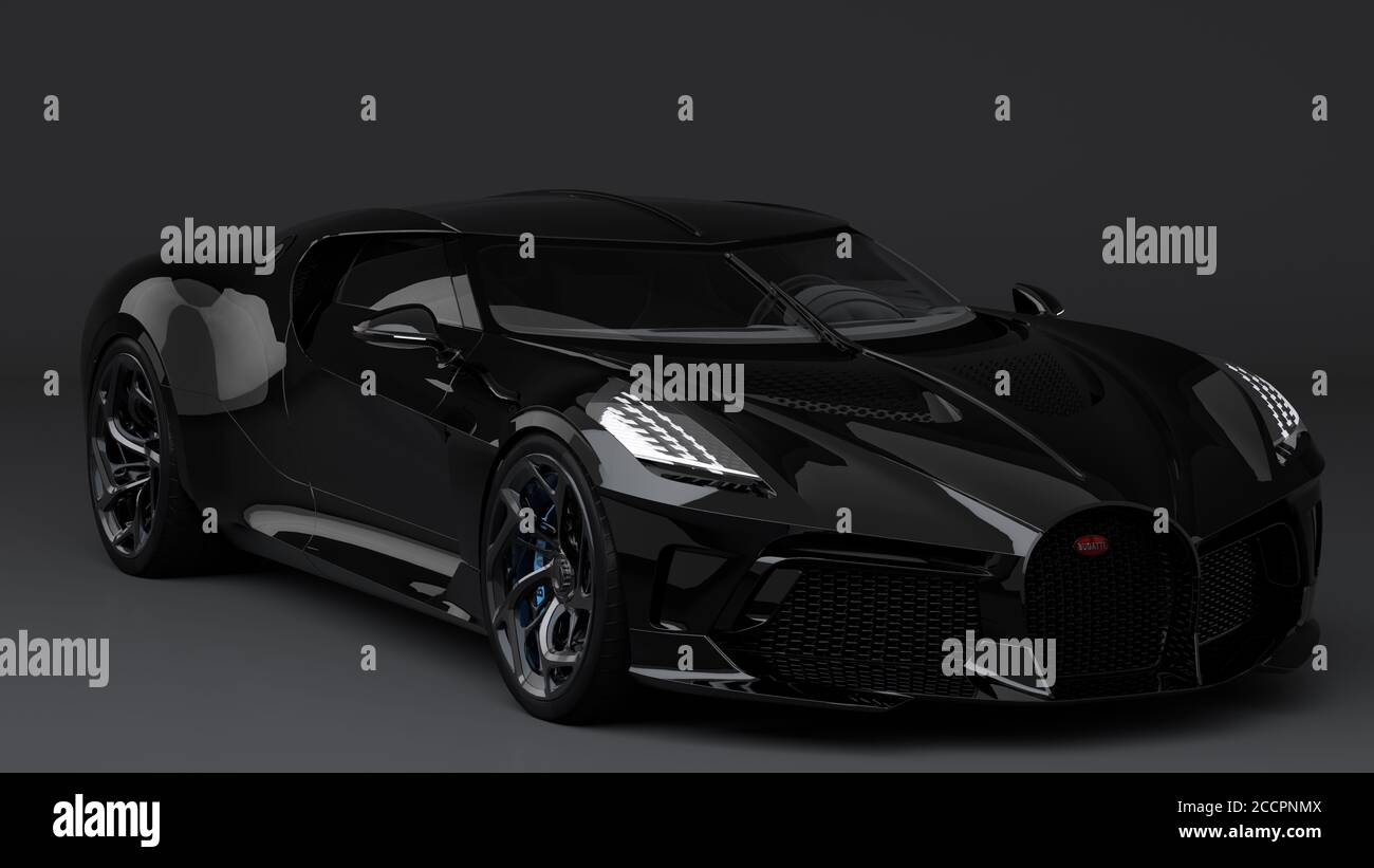 Bugatti La Voiture Noire, das teuerste Auto der Welt. La Voiture Noire ist ein französisches, einfach 'schwarzes Auto'. Dieser Name ist ein direkter Verweis auf die l Stockfoto