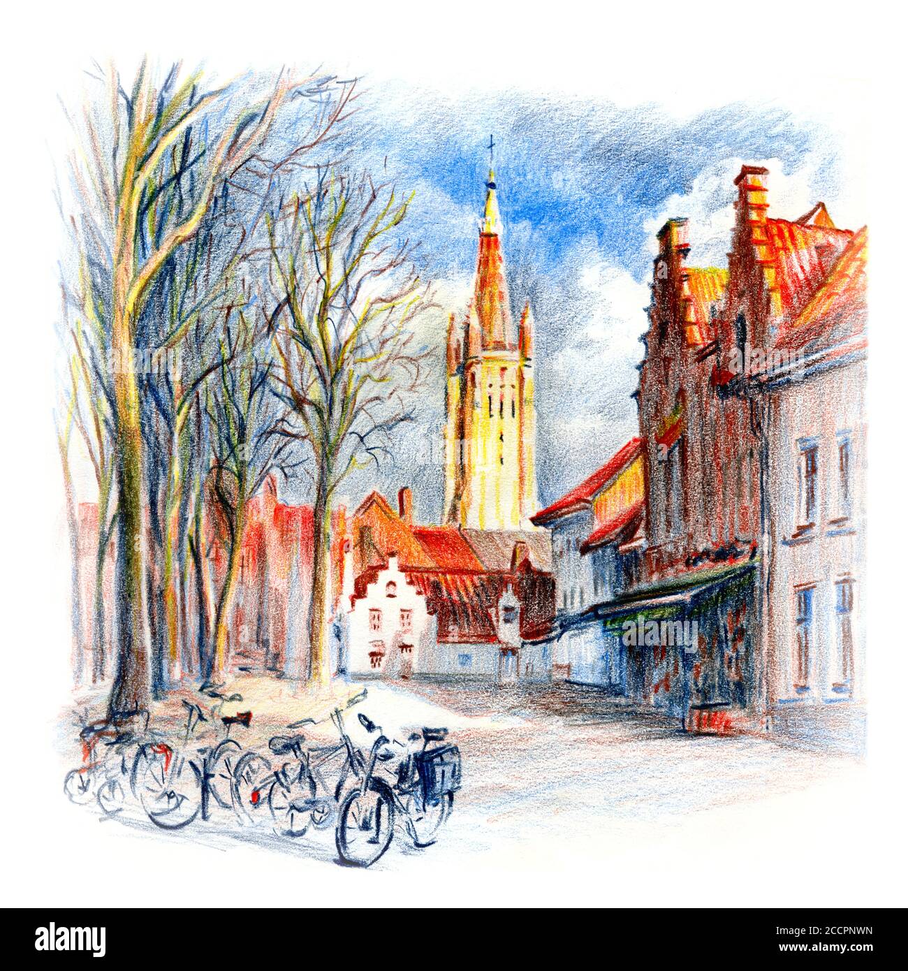 Stadtskizze von Brügge Platz, Kirche unserer Lieben Frau Turm im Hintergrund, Belgien. Zeichnung mit Buntstiften Stockfoto