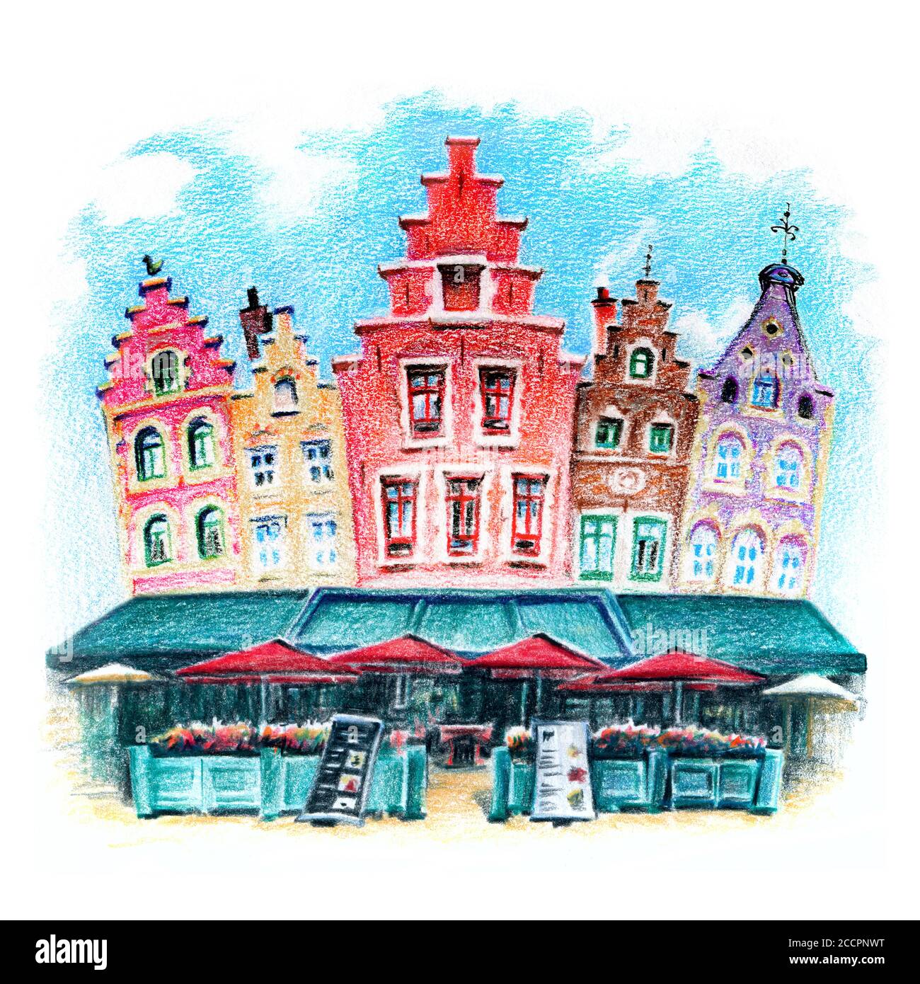 Stadtskizze von schönen mittelalterlichen Häusern auf dem Grote Markt in Brügge, Belgien, Belgien. Zeichnung mit Buntstiften Stockfoto