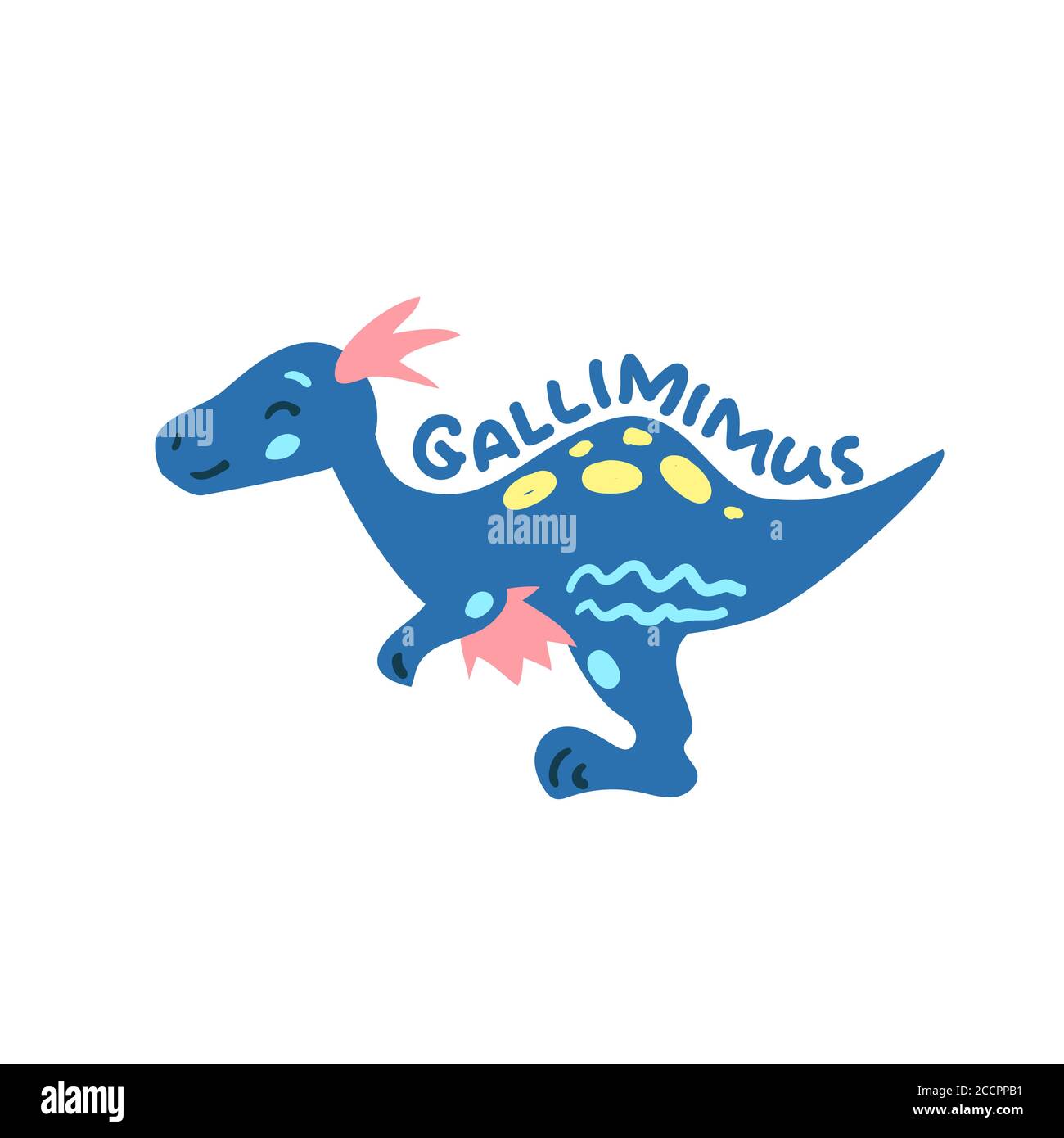Cartoon Dinosaurier Gallimimus. Nette Dino Charakter isoliert. Verspielte Dinosaurier Vektor-Illustration auf weißem Hintergrund. Handgezeichnete Gallimimus-Schrift. K Stock Vektor