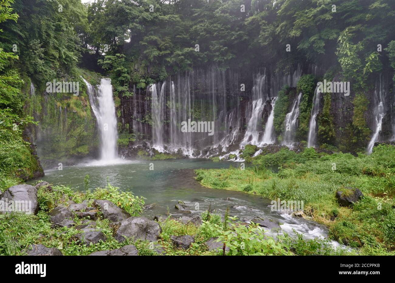 Regentag an den Shiraito Falls, einem Wasserfall in der Nähe des Fuji-Berges, Japan. Stockfoto
